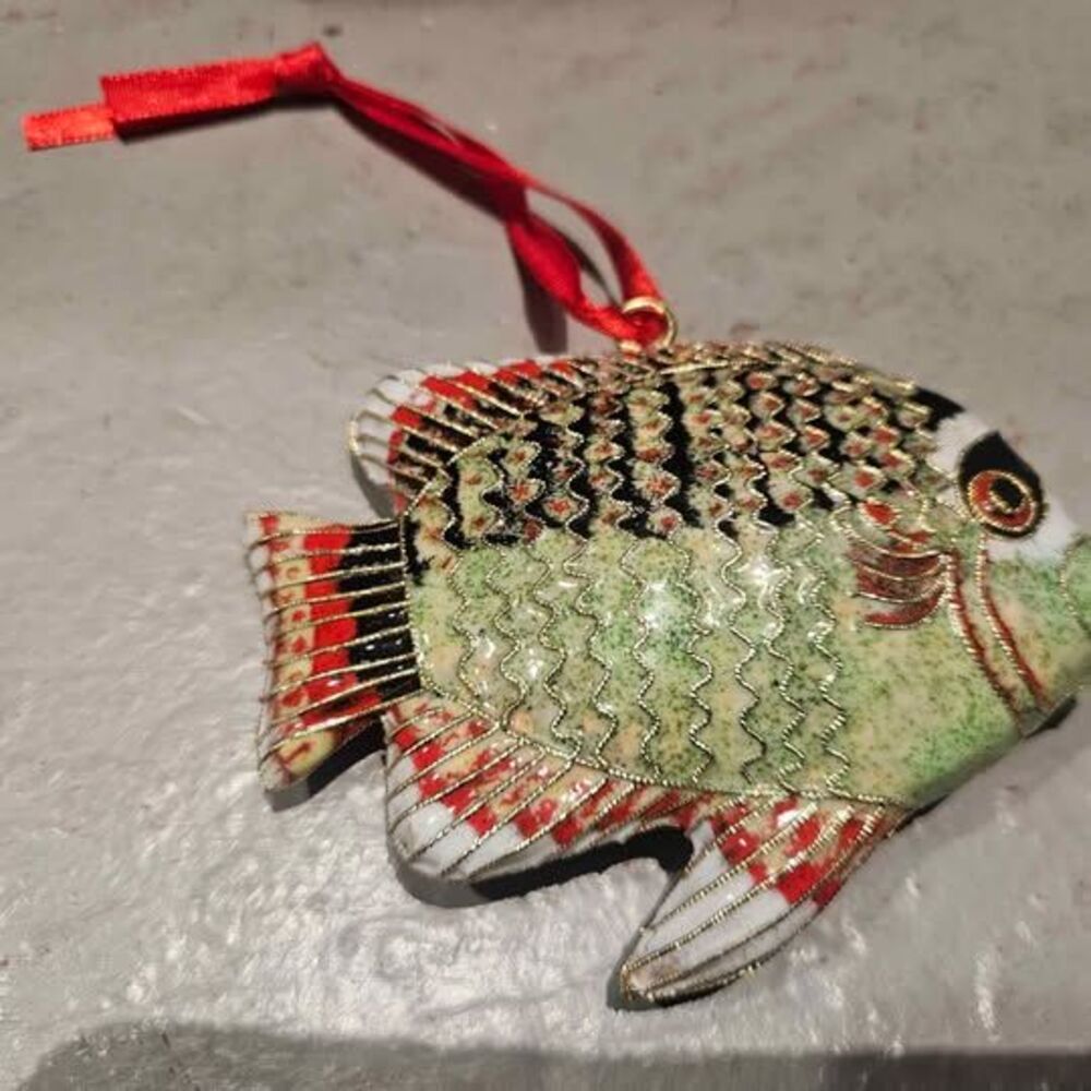 Metal Cloisonne Fish Ornament with Red Ribbon and Gift Box 3" x 4.5"